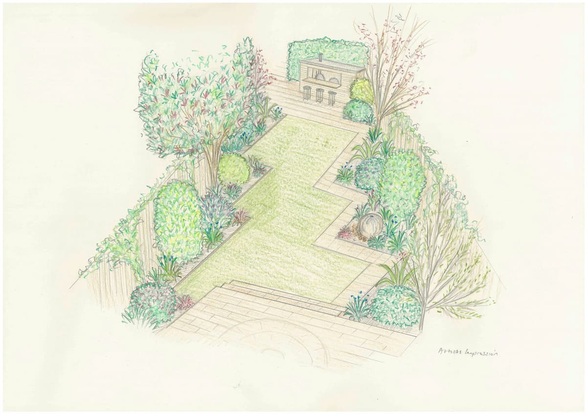 3D garden design render showing gravel paths and structured shrub planting