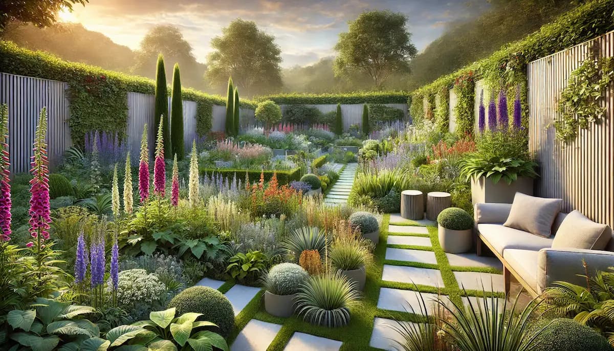 Small designed garden with lush green planting and structured layout