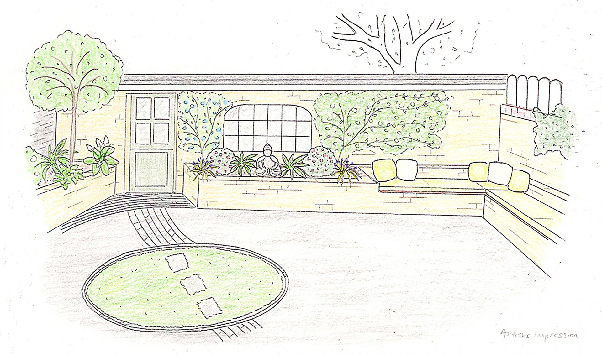 3D render of a courtyard garden design with contemporary planting and paving